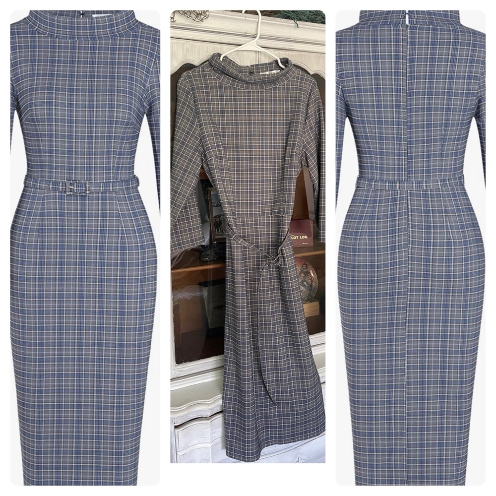 3/$30 Plaid 3/4 Sleeve Belted Dress